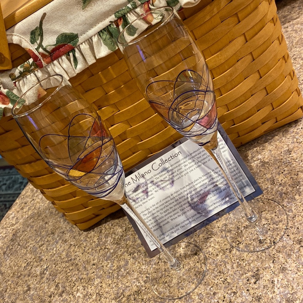 Milano Collection Set of 2 Flute Glasses Vivid Color Swirls with Gold
